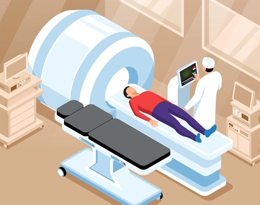 Orthopedic horizontal vector illustration with doctor prepare for magnetic resonance imaging scan of patient lying down on mri machine