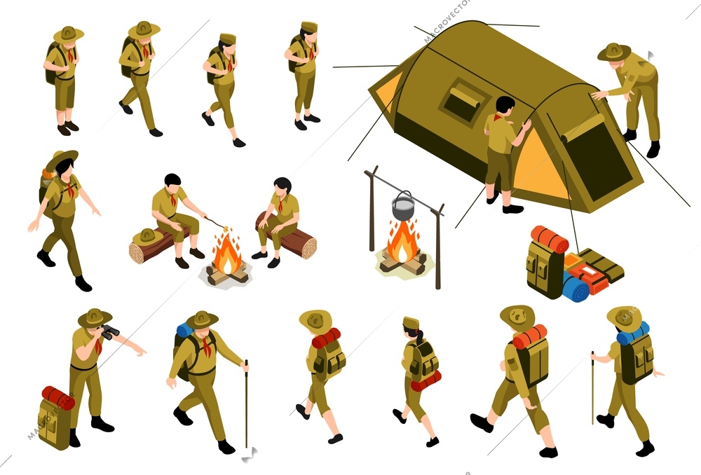 Hiking isometric set of camping objects and people in scout uniform with trekking gear isolated vector illustration