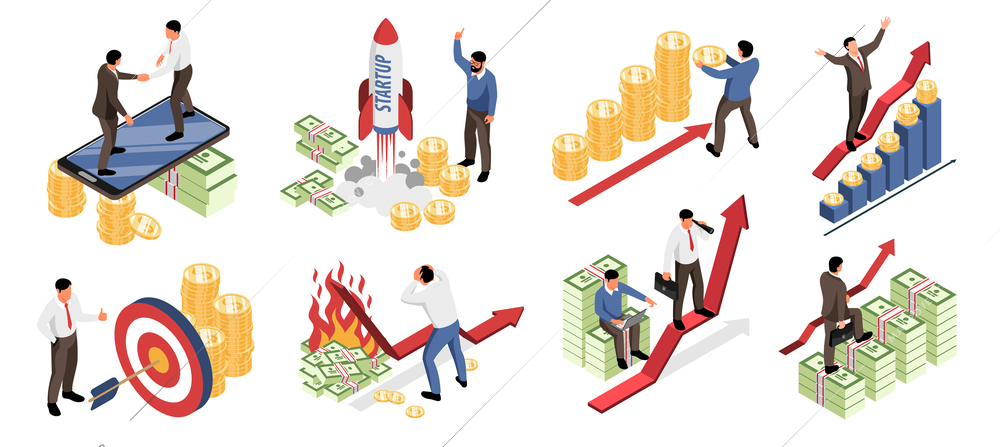 Investment in business startup isolated colored icons with businessmen and sponsor characters on horizontal white background isometric vector illustration