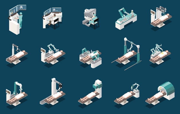 Robotic surgery isometric icons set with medical symbols isolated vector illustration