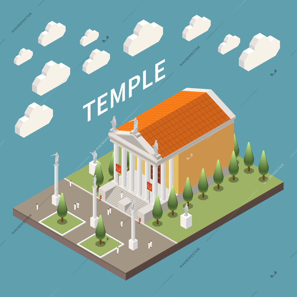 Roman empire concept with temple building symbols isometric vector illustration