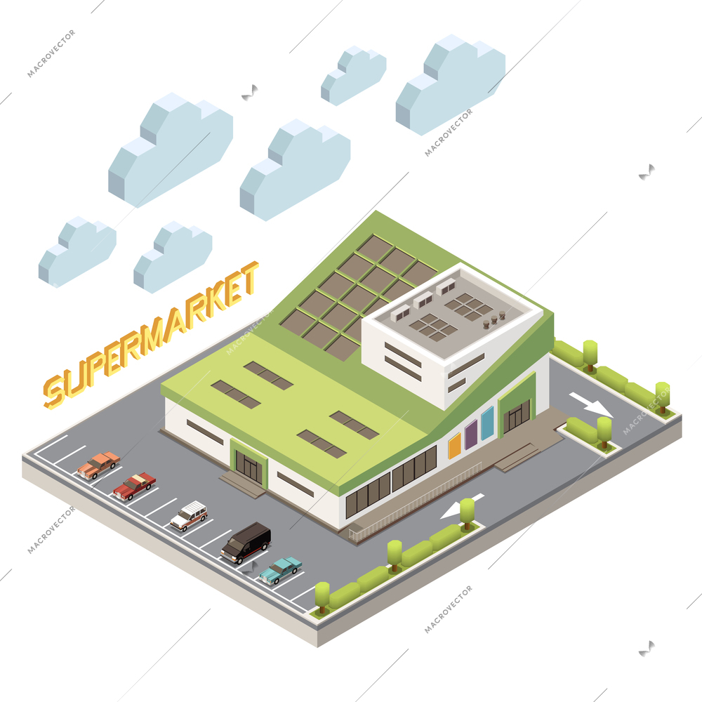 Shopping mall concept with parking and facility symbols isometric vector illustration