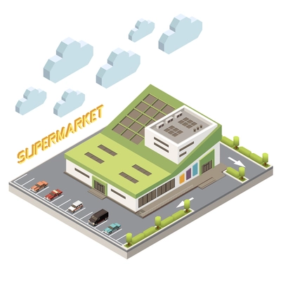 Shopping mall concept with parking and facility symbols isometric vector illustration