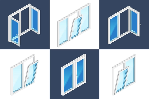 Window installation isometric design concept set of six square icons with opened and closed plastic windows on white and dark background vector illustration