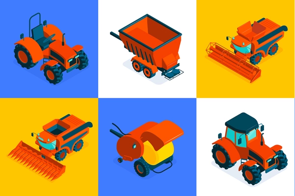 Agricultural isometric design concept set of six square colored icons with machinery for field farm work vector illustration