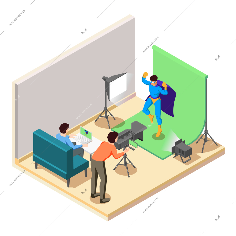 Superhero movie action scene shooting in studio with camera operator lighting background hero character isometric vector illustration