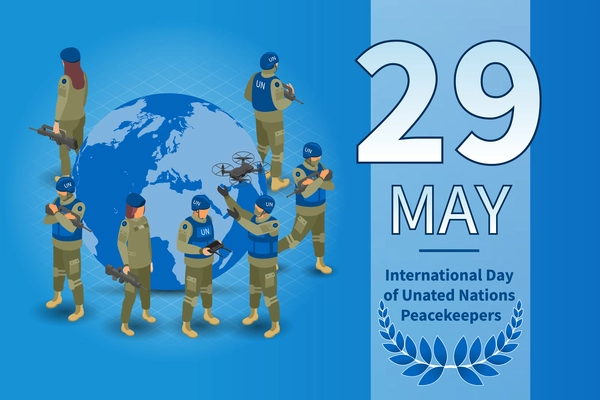 United nations peacekeepers international day 29 may isometric poster stamp earth globe surrounded by un troops vector illustration