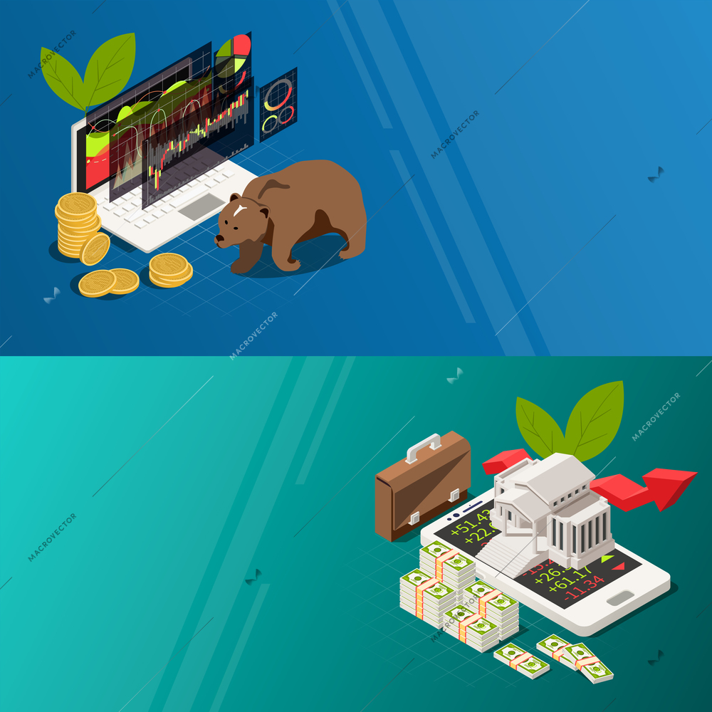 Stock exchange 2 isometric background banners with building banknotes bear market trends symbols on smartphone  vector illustration