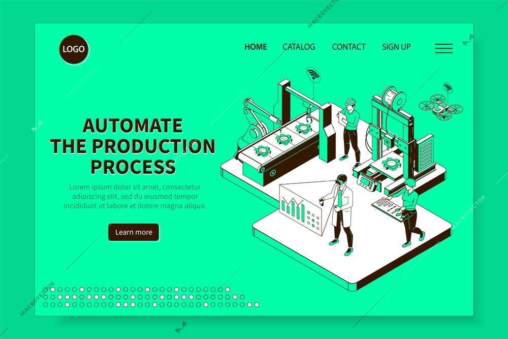 Smart industry production process isometric website with computer controlled robotic manufacturing bright background landing page vector illustration