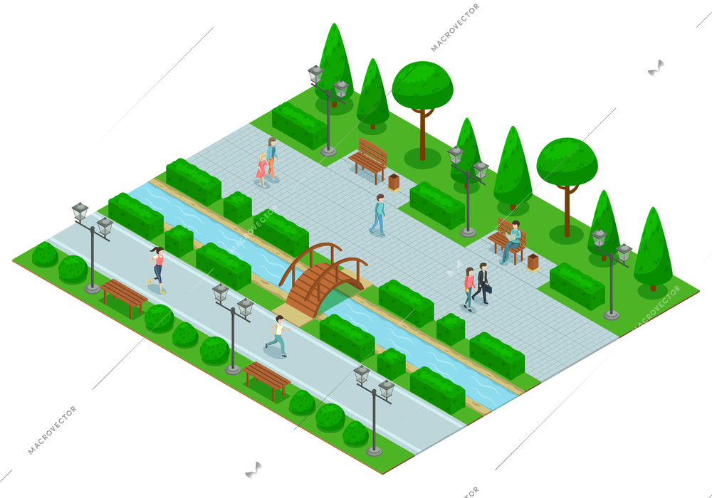 Landscape design park isometric composition with part of the park with trees lawn walkways and bridges over the river vector illustration