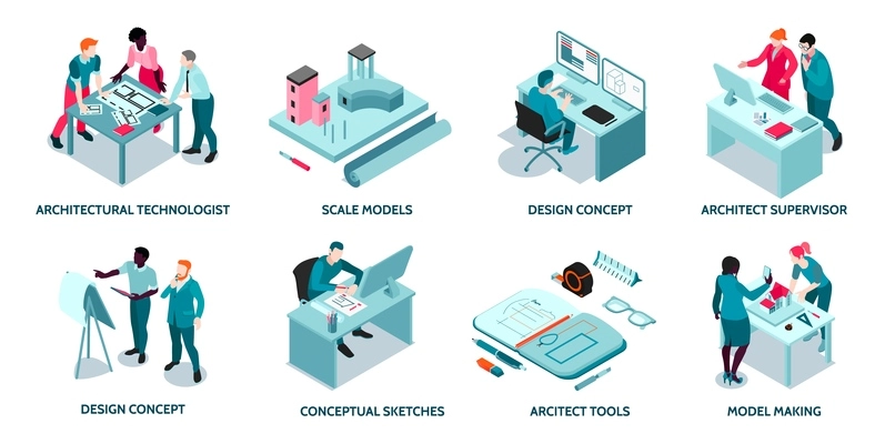 Architect work concept 8 isometric compositions with project sketches design 3d modeling software construction supervision vector illustration