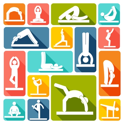 People silhouettes in yoga poses fitness workout icons set flat isolated vector illustration