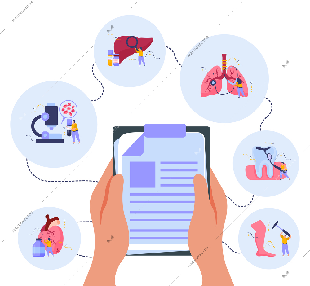 Health checkup composition with medicine and treatment symbols flat vector illustration