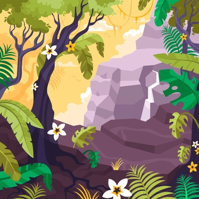 Landscape background with tropical trees rocks sky and flowers vector illustration