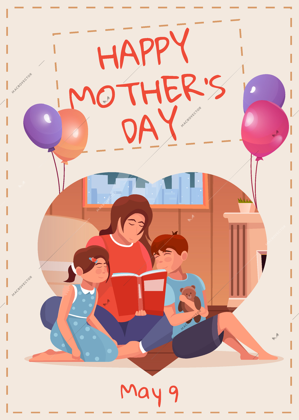 Happy mothers day greeting card with mom reading book to her children inside heart shape and date may 9 flat vector illustration