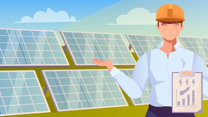 Solar farm flat background with worker character indicating rows of solar panels installed in field vector illustration