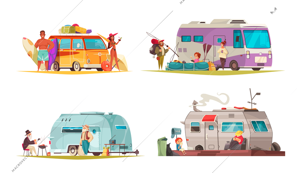 Camping recreational vehicles concept 4 cartoon compositions with vacationers near trailer camper bus mobile home vector illustration