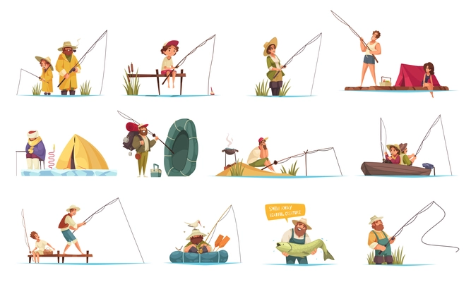Recreational fishing cartoon set with winter ice angling family in boat catching and releasing fish vector illustration