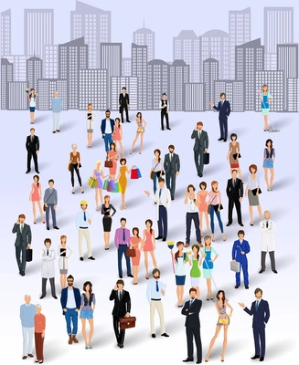 Large group crowd of people on city skyline background poster vector illustration