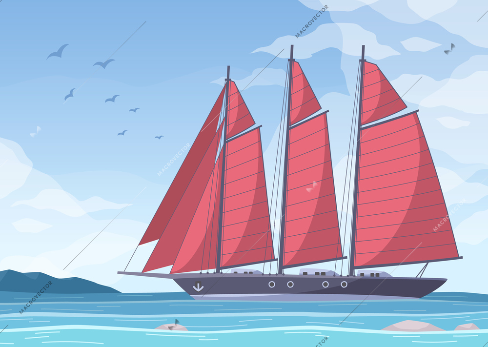Yachting cartoon composition with marine landscape clear sky with birds and big yacht with red sails vector illustration