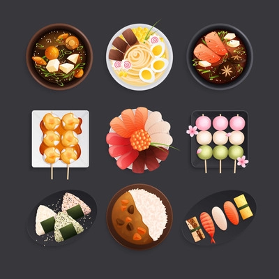 Traditional japanese food cuisine flat composition with isolated images of dishes with sushi rolls and rice vector illustration