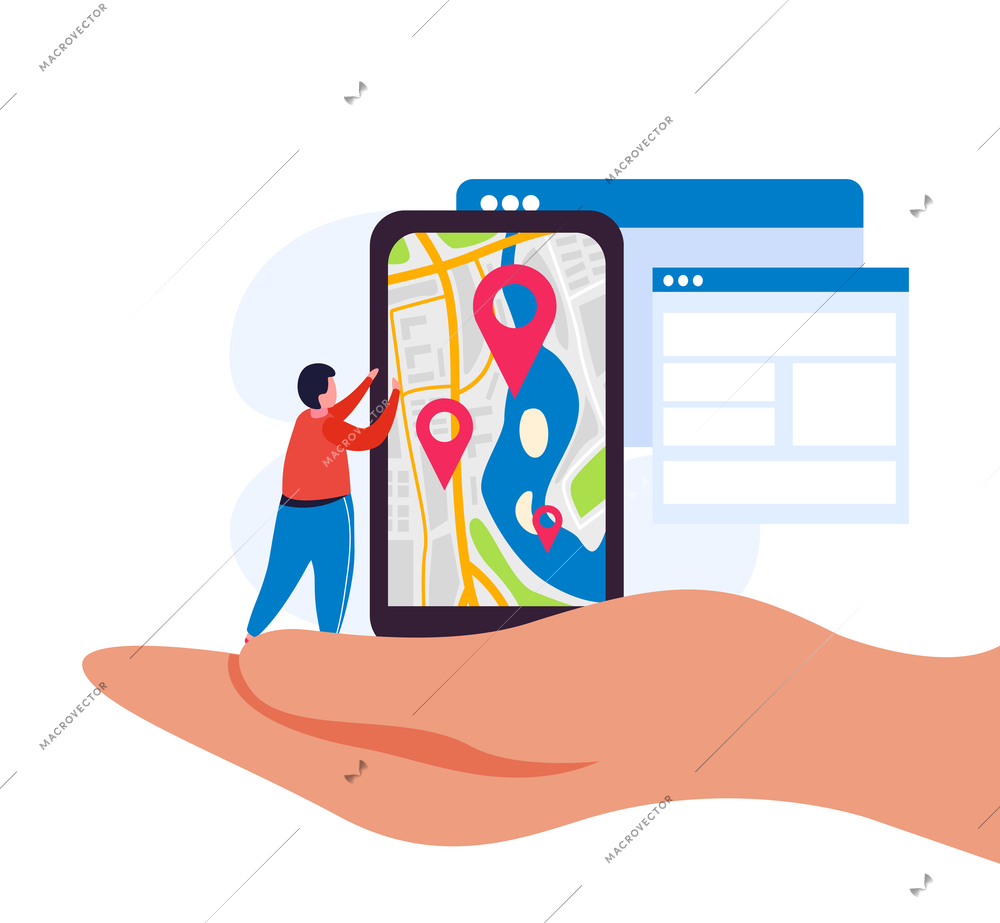 City video monitoring flat composition with hand holding smartphone with location signs and small human character vector illustration