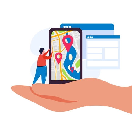 City video monitoring flat composition with hand holding smartphone with location signs and small human character vector illustration