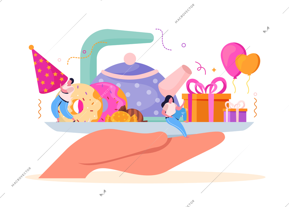 Birthday flat composition with human hand holding food tray with teapot gifts balloons and human characters vector illustration