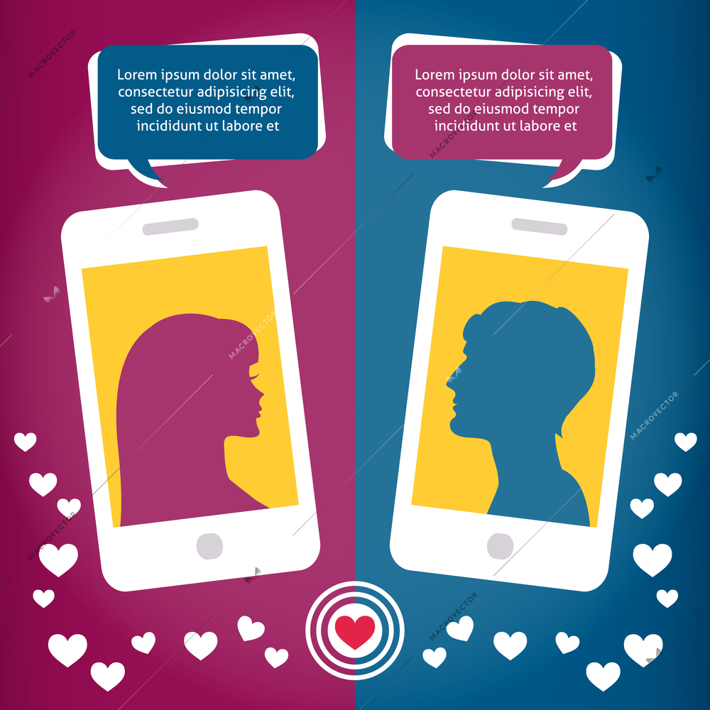 Couple virtual love talking using mobile phone messages sms mms vector illustration