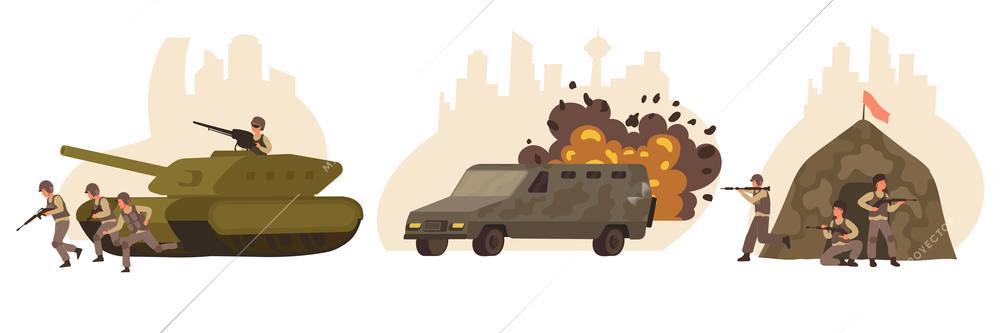 Flat isolated war icon set with tank explosions next to a military vehicle and soldiers next to the victory flag vector illustration