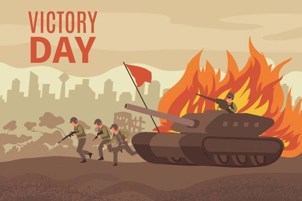 Victory day card with the military rides a tank through a ruined city vector illustration