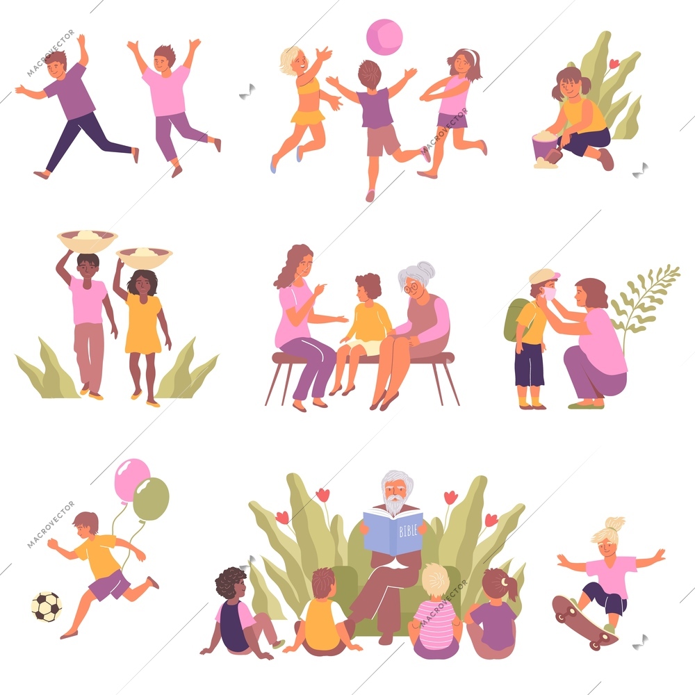 Child protection flat icon set games and entertainment help from adults reading and education vector illustration