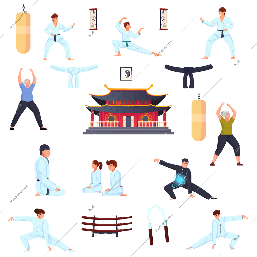 Martial arts color set of people executing physical exercises and oriental spiritual practices isolated on white background flat vector illustration