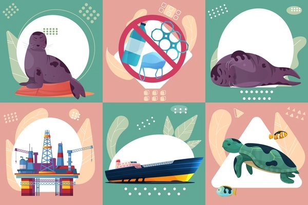 Ocean problem six square icons with sea animals dirty tanker and offshore oil platform vector illustration