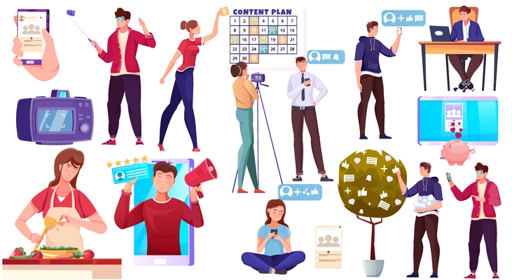 Blogger characters set of people creating video for blog or vlog review isolated vector illustration