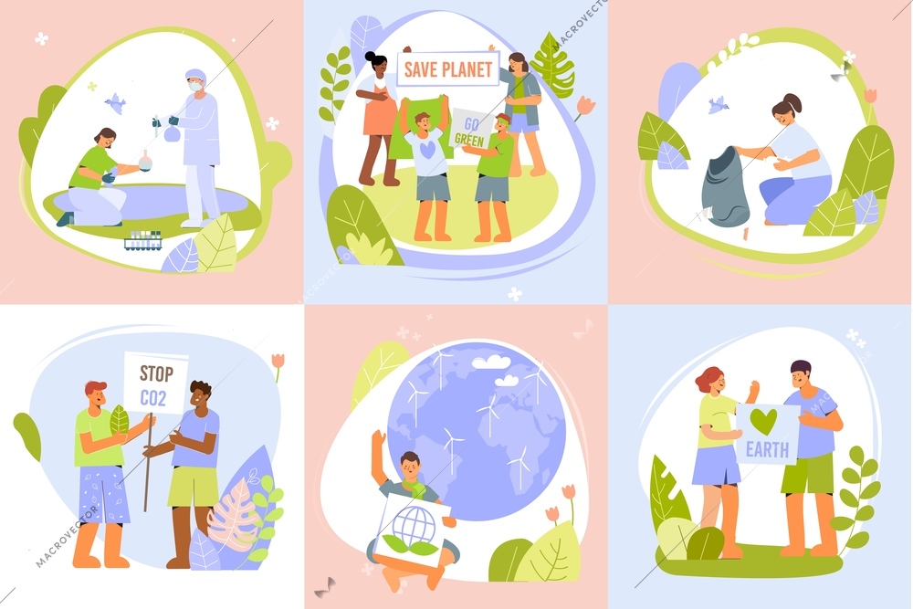 Environmental protection design concept with set of six save earth compositions with human characters of activists vector illustration