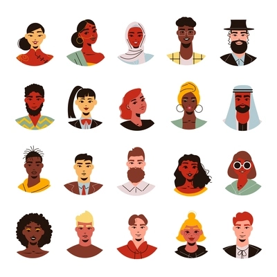 Nationality people faces set with isolated doodle style avatars of people with different hairstyle skin colour vector illustration