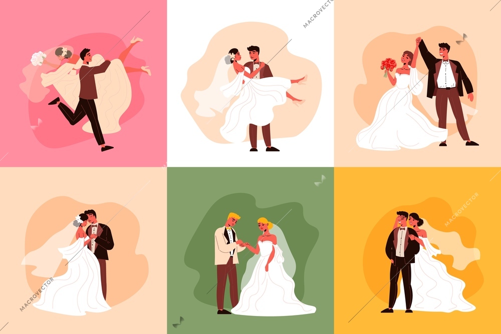 Wedding couple design concept with characters of bride and groom in various situations wearing ceremony costumes vector illustration