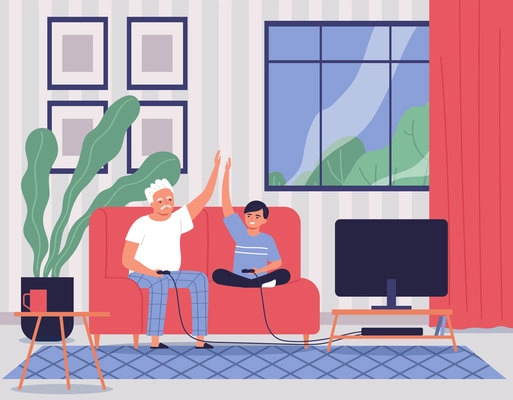 Happy grandfather playing video games on console with his grandson in living room flat vector illustration