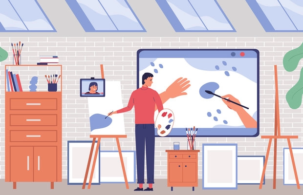 Flat online education background with artist painting in his studio while watching video tutorial on tablet vector illustration