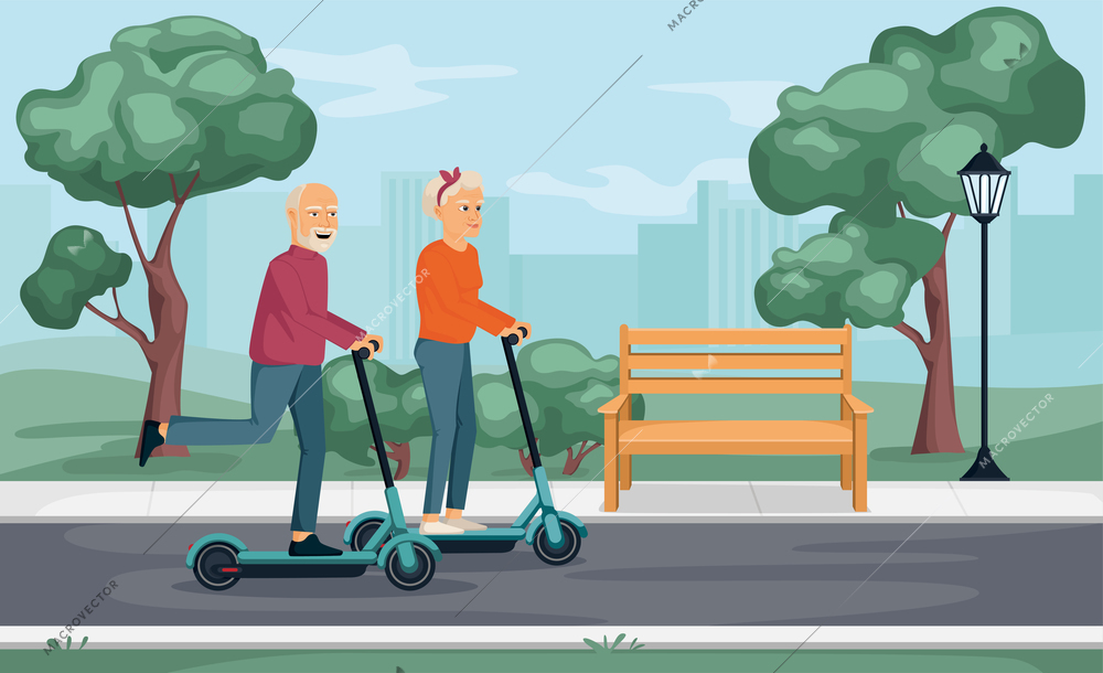 Elderly people scooter composition with outdoor city park scenery with cityscape and old couple riding kickboards vector illustration