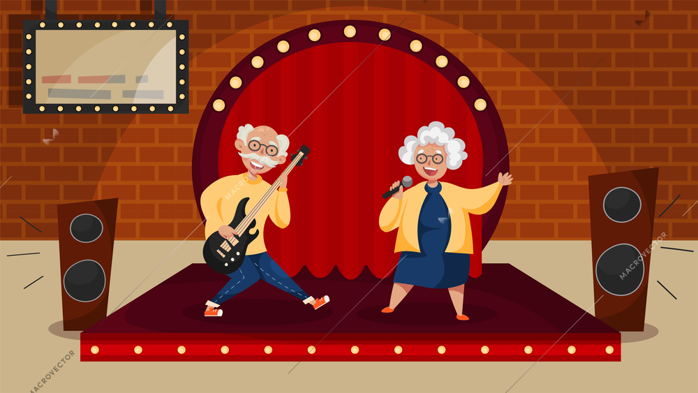 Music activities for senior elderly cartoon composition with aging couple performing onstage singing playing guitar vector illustration