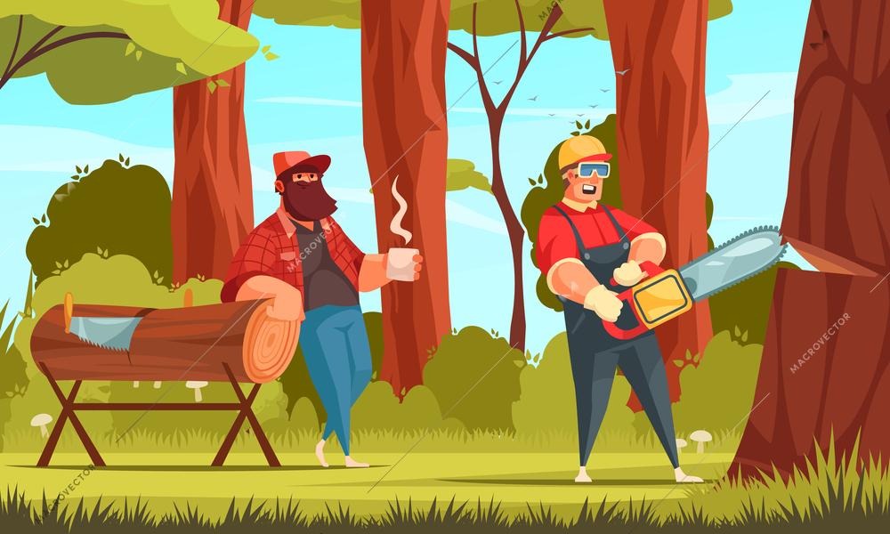 Logging industry lumberjacks working in forest drinking coffee sawing tree trunk with electric saw cartoon vector illustration