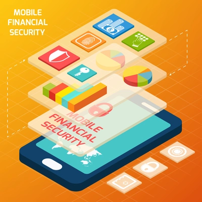 Isometric mobile financial secure and business elements with smartphone vector illustration