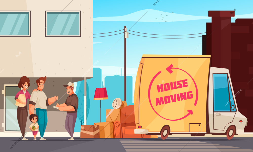Moving into new apartment family and truck driver signing consignment note outdoor near packed belongings cartoon vector illustration