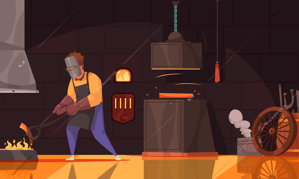 Blacksmith wearing leather apron gloves and face shield heating iron piece in coal fire cartoon vector illustration