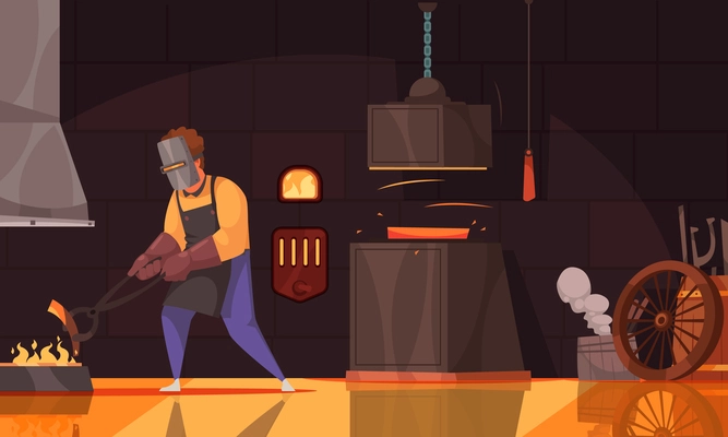 Blacksmith wearing leather apron gloves and face shield heating iron piece in coal fire cartoon vector illustration