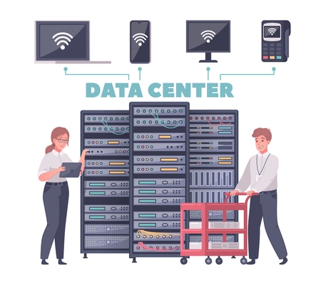 Datacenter cartoon composition with characters of man and woman working with tall server racks with text vector illustration