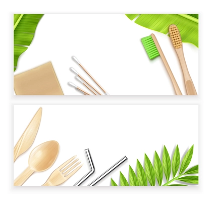 Eco friendly bath and kitchen supplies with utensils toothbrushes soap ear sticks horizontal banners set realistic isolated vector illustration