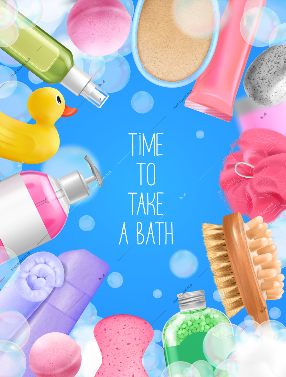 Bath wash design frame concept with hygiene symbols realistic vector illustration